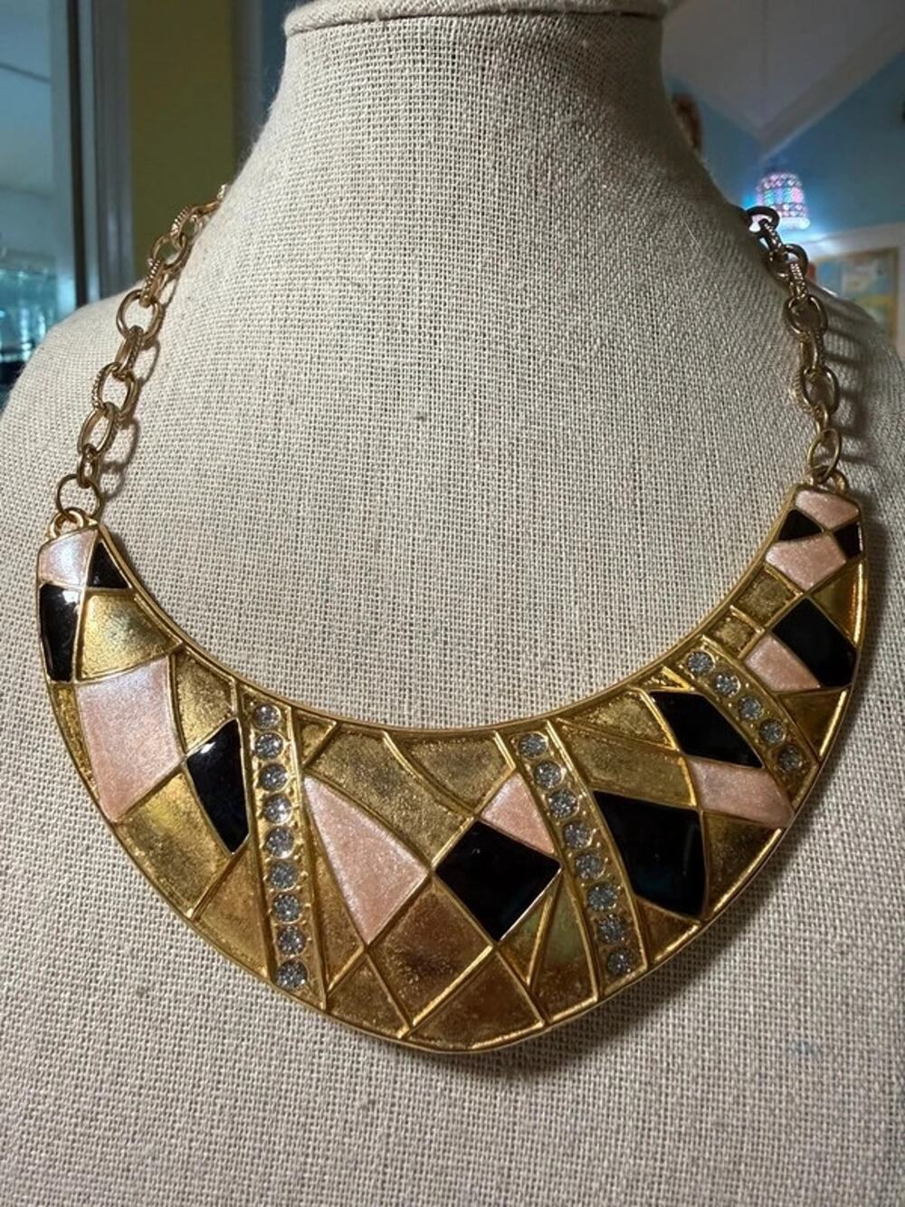 Vintage Gold Tone Art Deco Revival Bib Necklace Black Pink Enamel Rhinestone